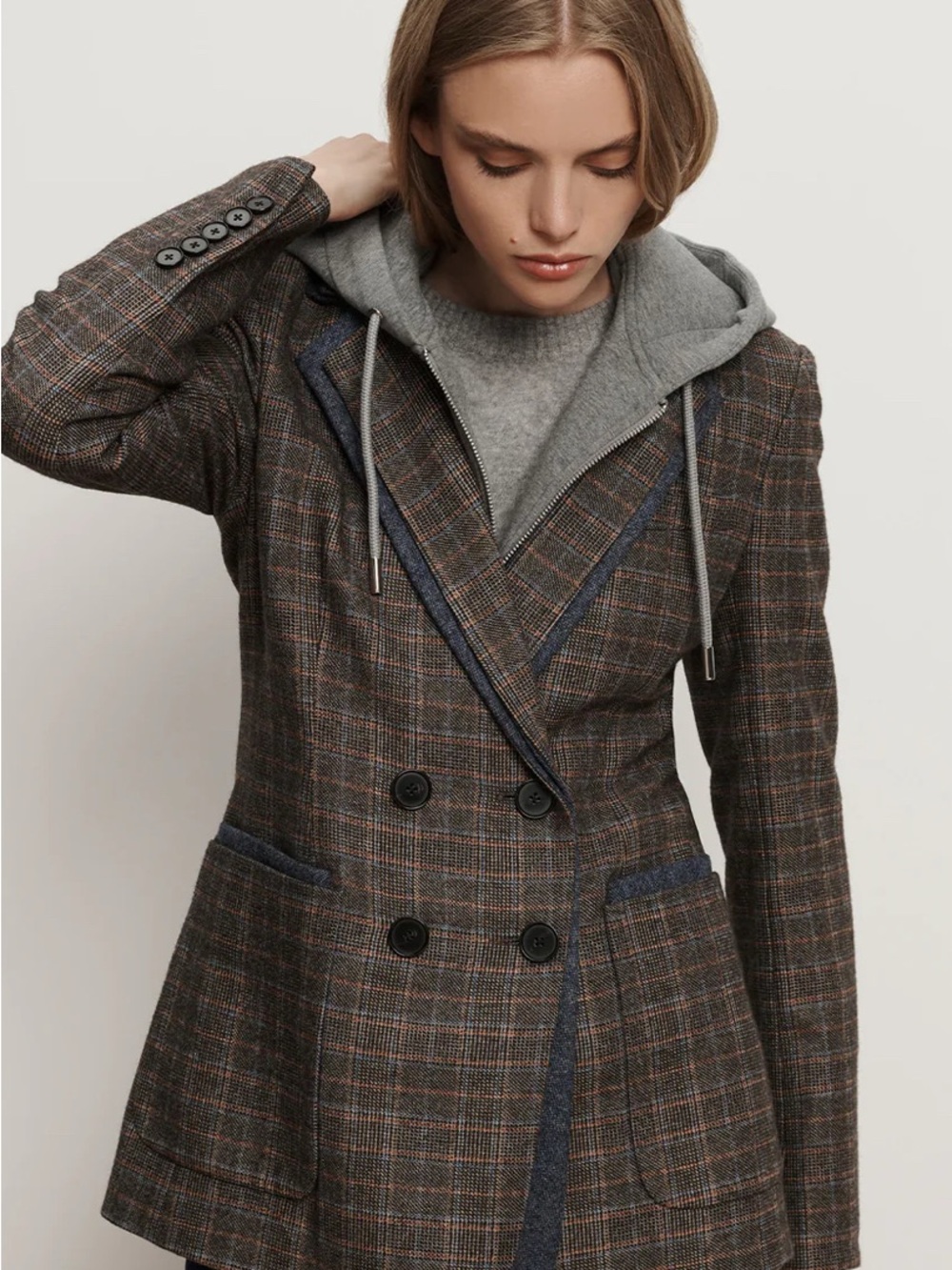 Veronica Beard Plaid Double-Breasted Blazer with Contrast Trim- Size 6